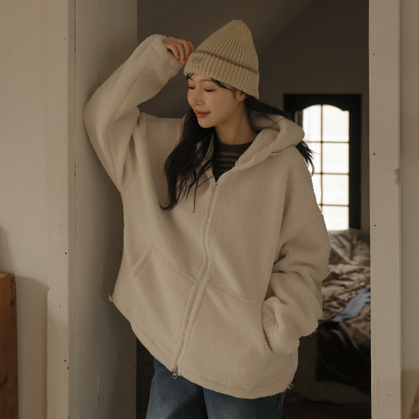 Maternity*Fluffy fleece two-way hoodies zip up