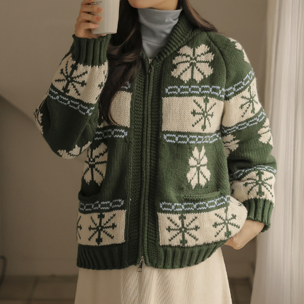 Maternity*Thick Snowflake Two-Way Knit Zip-Up