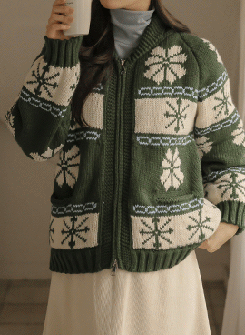 Maternity*Thick Snowflake Two-Way Knit Zip-Up