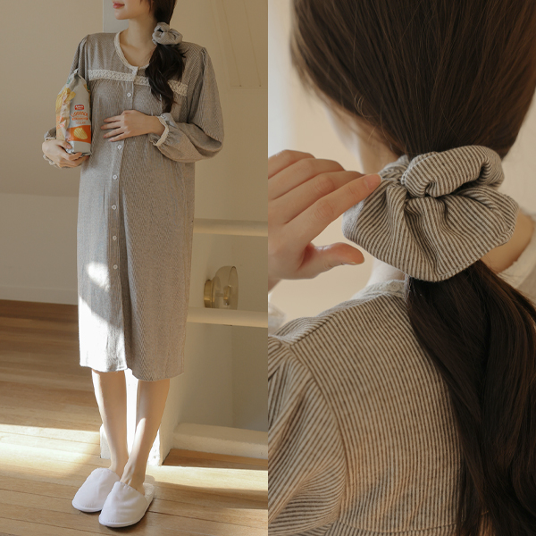 Maternity*Peach Lace Long Maternity Dress (Nursing-Friendly/Gopchang Band SET)