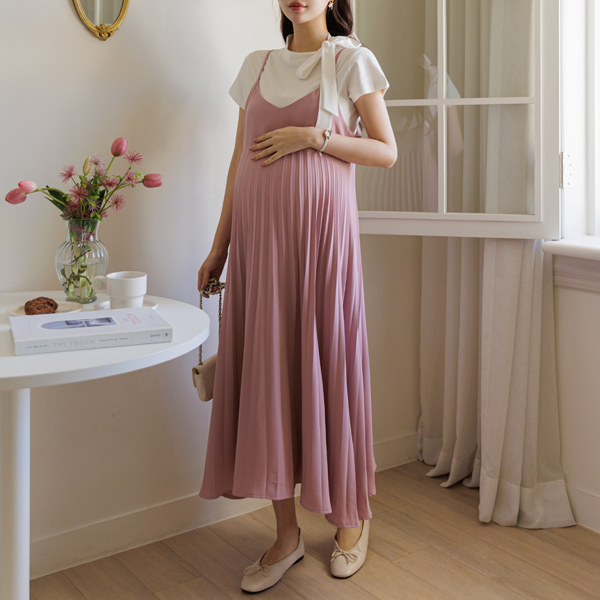 [S-made] Maternity*Piano Pleated Strap Maternity Dress