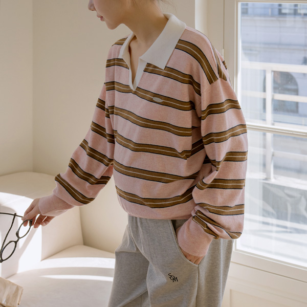 Maternity*Stripe Open Collar Knit