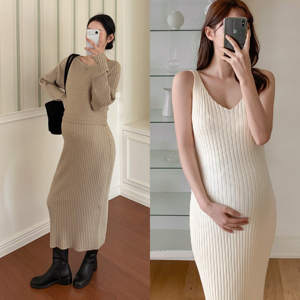 Maternity*Moist Ribbed Crop Tower Knit Maternity Dress (Sleeveless dress + Tower set)