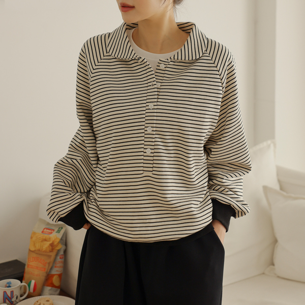 <b>[Loose fit/Dual-purpose/Daily man-to-man]</b> [S-made] Maternity*Round collar striped maternity t-shirt (breastfeeding-friendly)