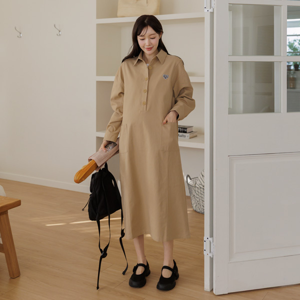 <b>[Popular Item]</b> [S-made] Maternity*Cotton Twill Big Pocket Collar and Waffle Maternity Dress (Nursing-Friendly)