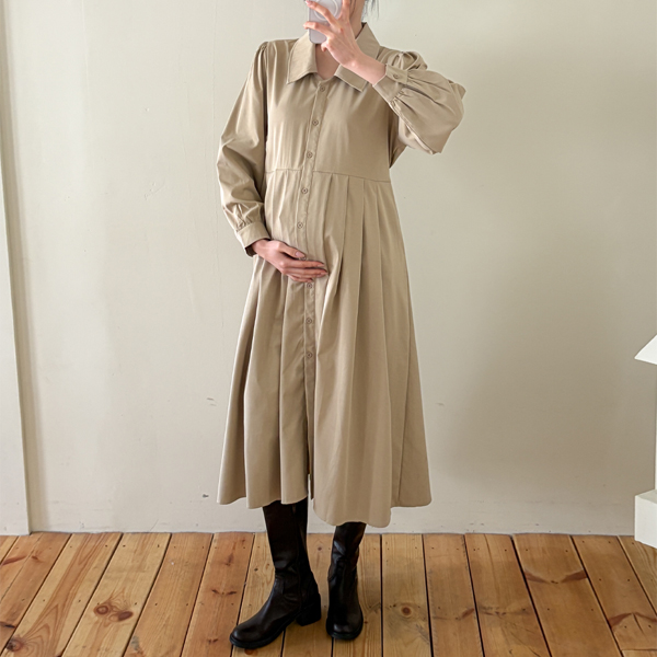 Maternity*Pico Collar Pleated Maternity Dress (Nursing Friendly)