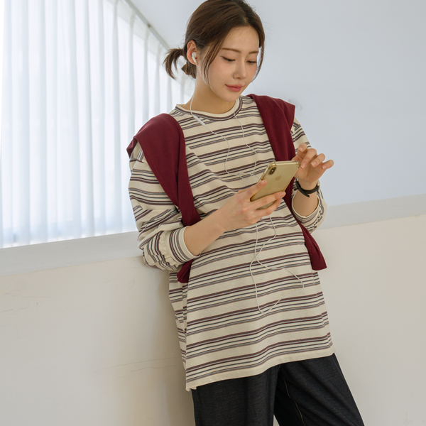 Maternity*Colored Striped Slit Sweatshirt