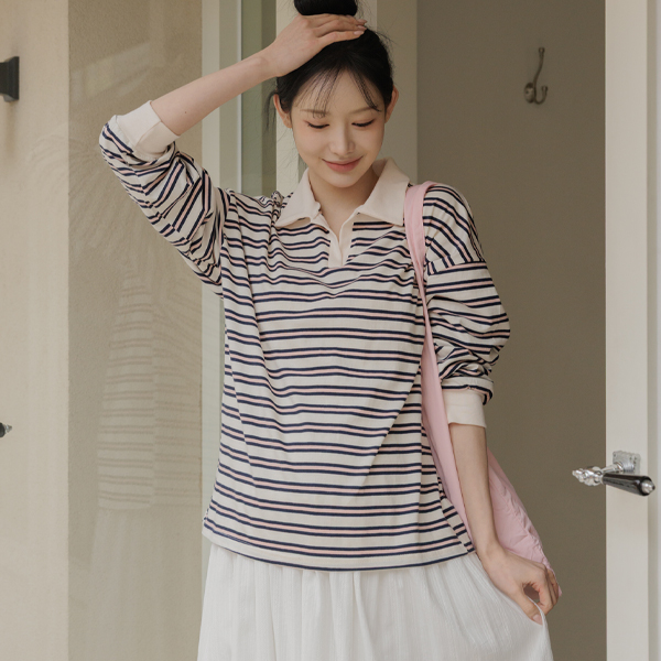 Maternity*Stripe Open Collar Shirt