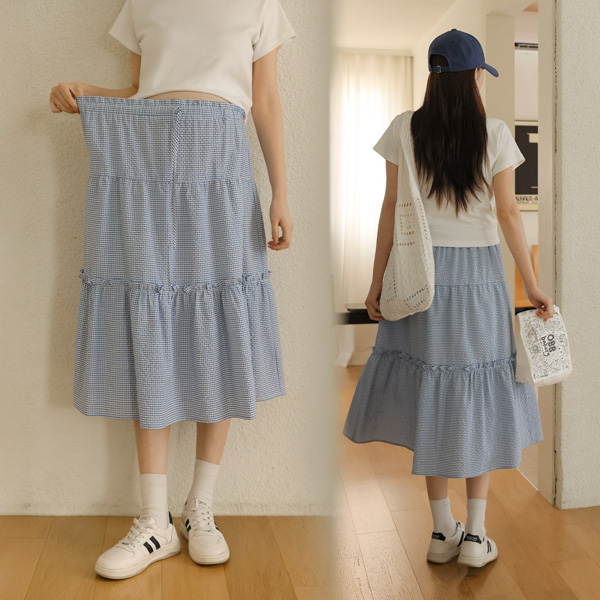<b>[Opening Special]</b> <b>[Lightweight/Non-see-through/Crinkly]</b> [S-made] Maternity Check Ruffle Adjustable Tiered Maternity Skirt