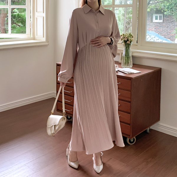 [S-made] Maternity* Adjustable Pleated Collar Maternity Dress (Nursing Suitable)