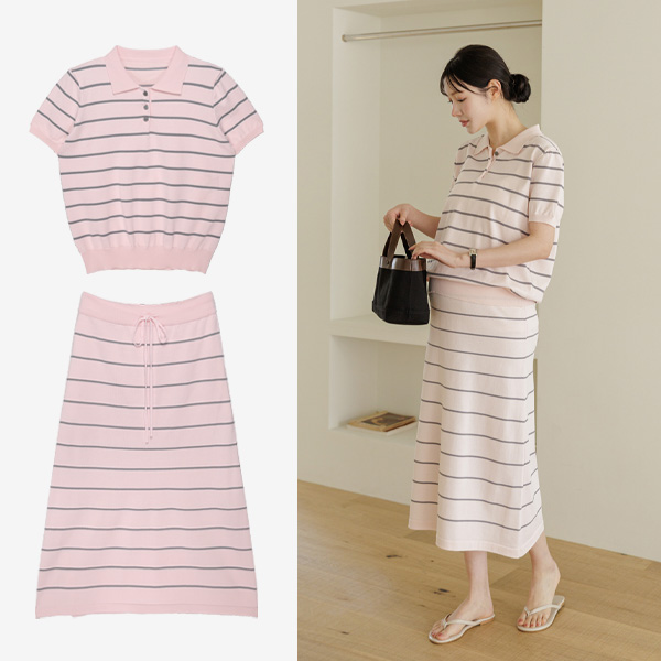 Maternity*Stripe Collared Knit Skirt Set
