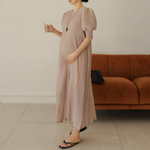 <b>[Pleated Material♡/ High Quality]</b> [S-made] Maternity*Grace Pleated Volume Sleeve Maternity Dress