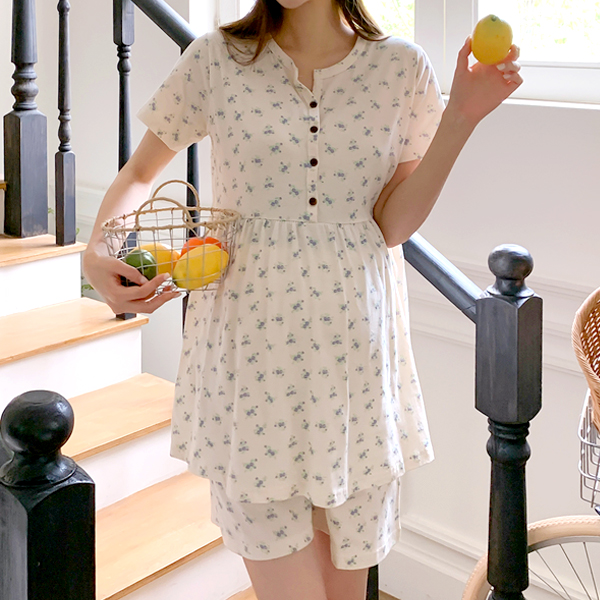 [S-made]Maternity*Glow Flower Short Sleeve Top and Bottom Set (Nursing Possible)