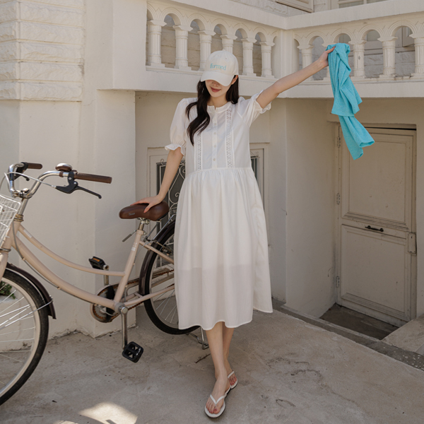 Maternity* Embroidered Lace Puff Dress (Nursing Suitable)