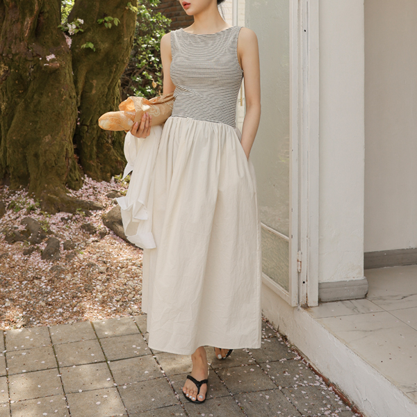 Maternity*Long Striped Sleeveless Maternity Dress