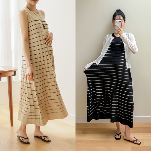 Maternity* Hats Striped Sleeveless Pleated Maternity Dress