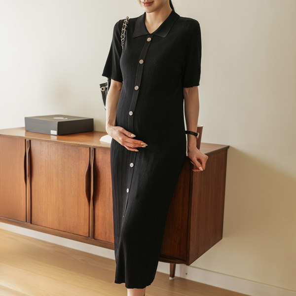 Maternity* Cool Knit Collar Button Maternity Dress