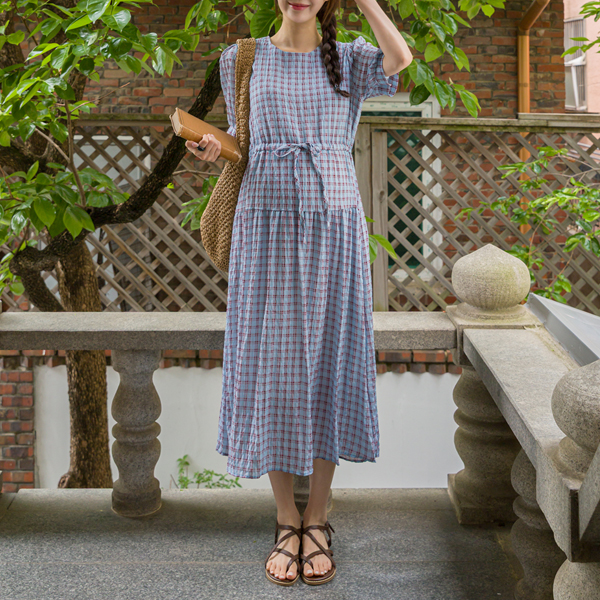 Maternity*Outing Checkered Wrinkle Maternity Dress
