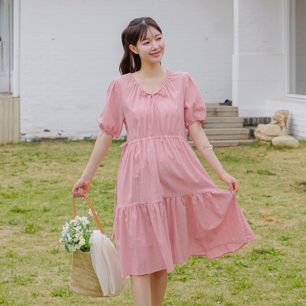 <b>[lovely/Adjustable Neck & Waist]</b> [S-made] Maternity* Jacquard Dress with Ribbon Shirring