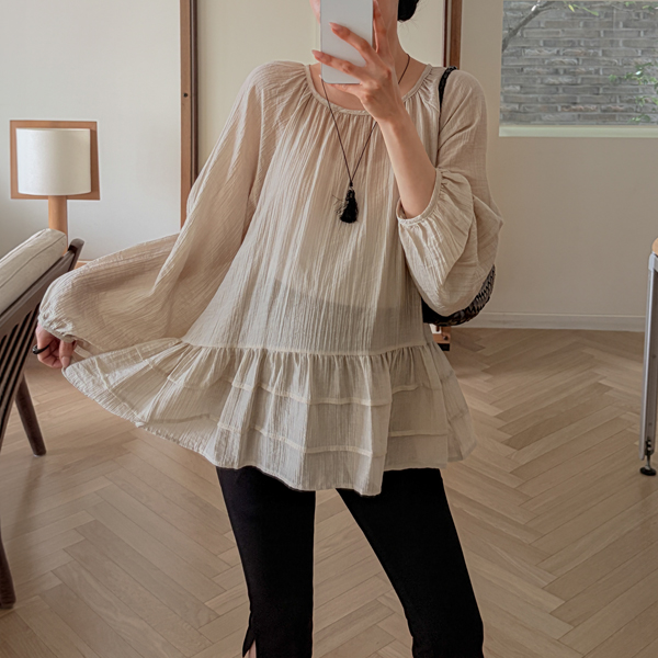Maternity*See-through Shirred Flare Blouse
