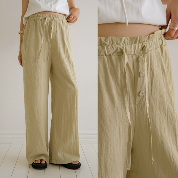 Maternity*Cool Nylon Shirred Button Elastic Waist Pants