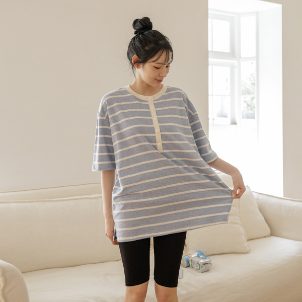 [S-made] Nursing Wear*10-Second Nursing Comfortable Striped Short-Sleeve T-Shirt