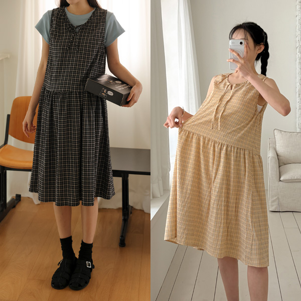 <b>[Limited Quantity SALE]</b> [S-made] Maternity*All-Shirred Check Midi Maternity Dress