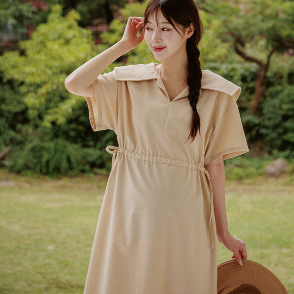 <b>[Limited Quantity SALE]</b> <b>[Linen Blend/Collar Detail]</b> [S-made] Maternity*Linen Stitch Adjustable Collar Maternity Dress