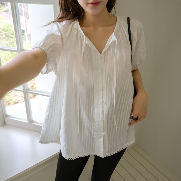 <b>[Free Shipping + Discount]</b> <b>[lovely/Jacquard Material/Body Coverage]</b> [S-made] Maternity*Jacquard Shirred Short Sleeve Maternity Blouse