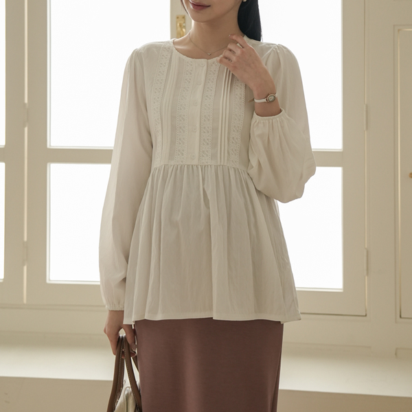 [S-made] Maternity*Lace Crinkle Pintuck Maternity Blouse (Nursing Suitable)