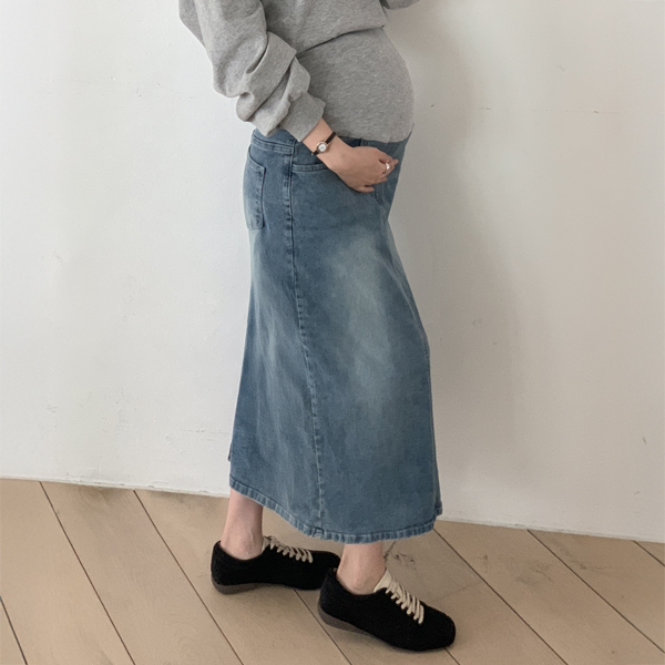 <b>[Limited Quantity SALE]</b> [S-made] Maternity*Soft Washed Denim Long Maternity Skirt