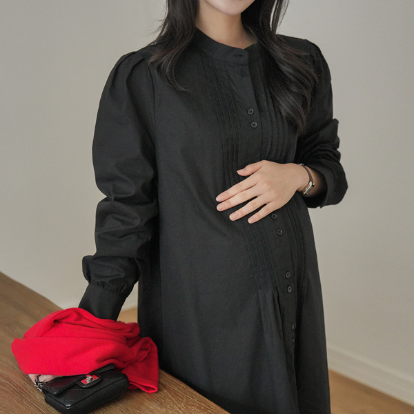 <b>[Limited Quantity SALE]</b> <b>[Wedding Guest Look/Must-Have Item]</b> [S-made] Maternity* Henley Neck Pintuck Midi Maternity Dress