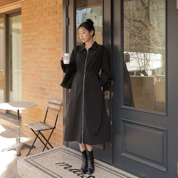 <b>[Adjustable Fit/Crinkle/Shirt Dress]</b> [S-made] Maternity* Adjustable Crinkle Two-Way Zip-Up Maternity Dress