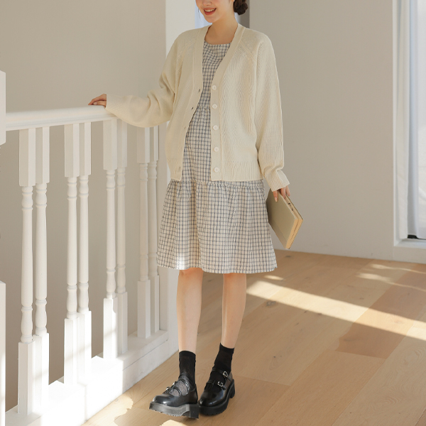 <b>[Seersucker/Wrinkle-Free]</b> [S-made] Maternity*Subtle Check Tiered Mini Maternity Dress
