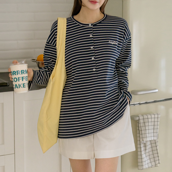 [S-made] Nursing Wear*Stretchy Cotton Stripe Nursing T-shirt
