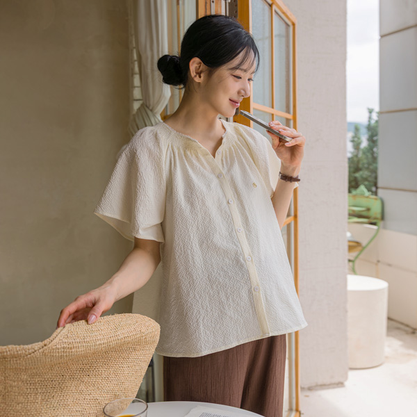 <b>[Free Shipping + Discount]</b> <b>[Jijimi/Wrinkle-Free/Body Coverage]</b> [S-made] Maternity*Jijimi Pendant Flare Maternity Blouse