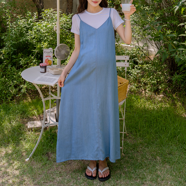 <b>[Summer Denim/Silk-like/Tencel Maxi Length]</b> [S-made] Maternity* Flowy Denim Bustier Maternity Dress