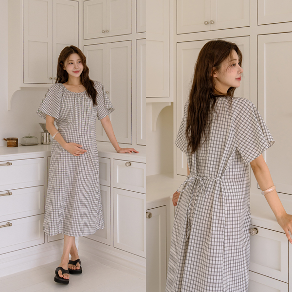 <b>[Limited Quantity SALE]</b> <b>[Tap-tap Embossed/Flat Pattern/Adjustable Straps]</b> [S-made] Maternity*Check Flat Pattern Flare Adjustable Sleeves Maternity Dress