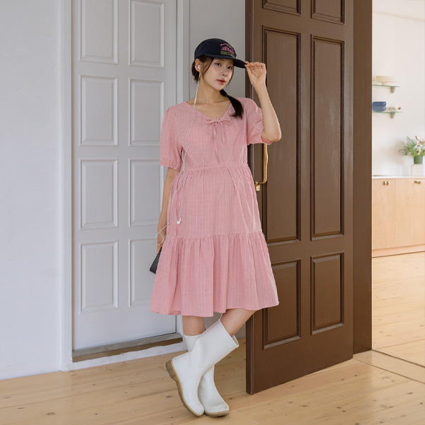 <b>[Limited Quantity SALE]</b> <b>[Lovely/Adjustable Neck & Waist]</b> [S-Made] Maternity* Jacquard Dress with Ribbon Shirring
