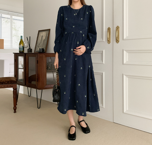 Maternity* Adjustable Floral Embroidered Corduroy Maternity Dress