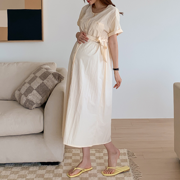 <b>[Limited Quantity SALE]</b> Maternity*Two-Pocket Crinkly Long Maternity Dress