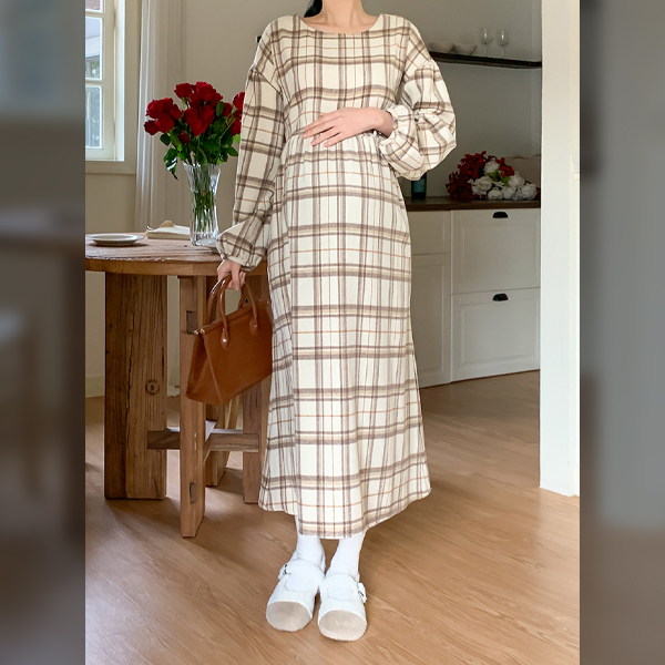 <b>[Limited Quantity SALE]</b> Maternity* Adjustable Loopy Fleece Check Maternity Dress