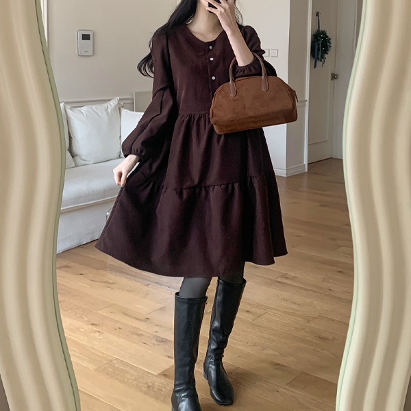 <b>[Limited Quantity SALE]</b> Maternity*Reversible Fleece-Lined Tiered Mini Maternity Dress (Nursing Suitable)