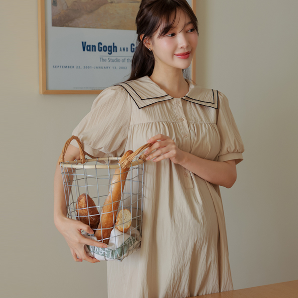 <b>[Limited Quantity SALE]</b> [S-made] Maternity*Double Big Collar Crinkle Maternity Dress (Nursing Suitable)