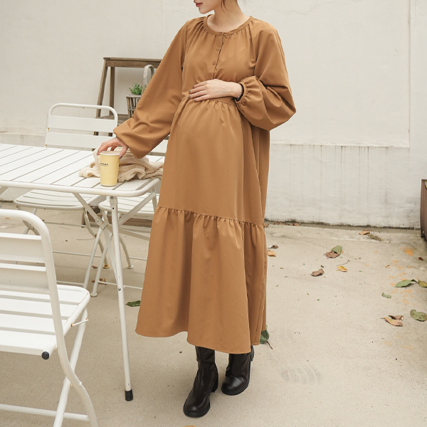<b>[Limited Quantity SALE]</b> <b>[Wedding Guest Look/Flowy Fabric]</b> [S-made] Maternity* Salang Autumn Shirred Tiered Maternity Dress
