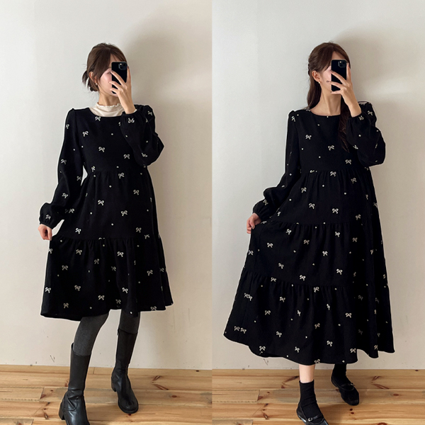 <b>[Long/Short 2Length]</b> [S-made] Maternity*Ribbon Embroidered Tiered Maternity Dress