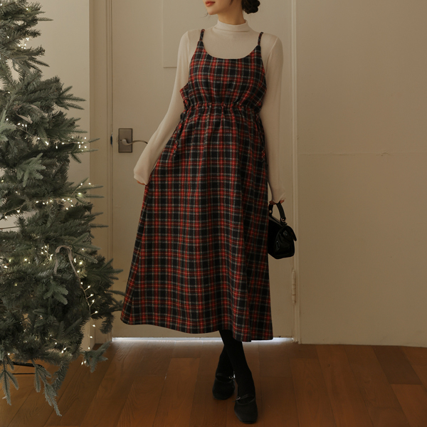 <b>[Limited Quantity SALE]</b> <b>[Year-end Look/Napping/Adjustable Waist]</b> [S-made] Maternity Holiday Adjustable Strap Check Maternity Dress