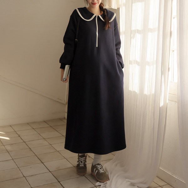 <b>[Nursing Suitable/Loose Fit/Double Fleece Lined]</b> [S-made] Maternity* Sailor Collar Contrast Warm Double Fleece Maternity Dress (Nursing Suitable)