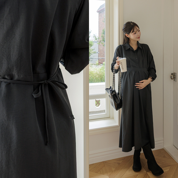 Maternity* Collar Button Strap Long Maternity Dress