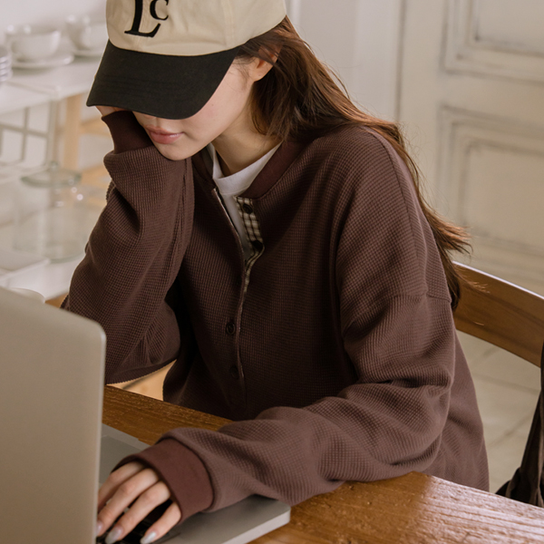 [Chewy Texture/Nursing Suitable][S-made] Maternity*Chewy Waffle Check Color Block Maternity Sweatshirt